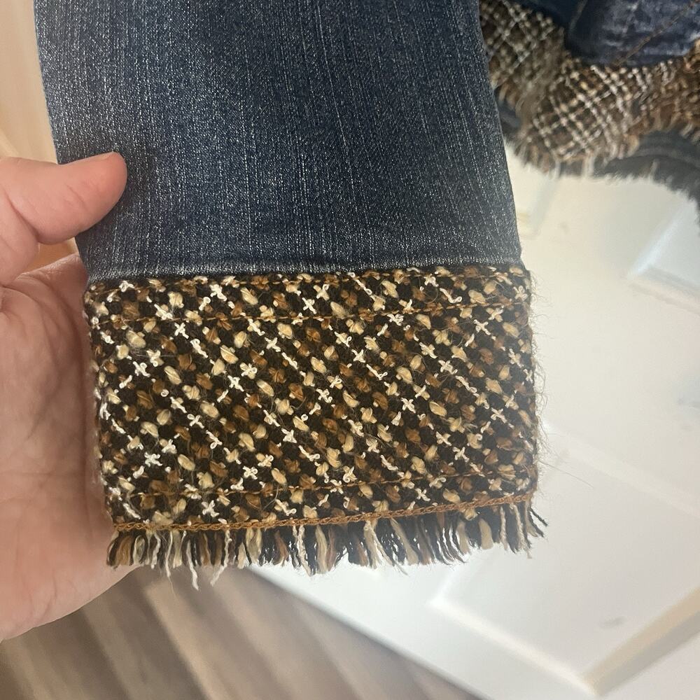 Coldwater Creek Denim Jacket 14 Brown/Black Woven Trim Fringe Classic Western - Picture 6 of 14